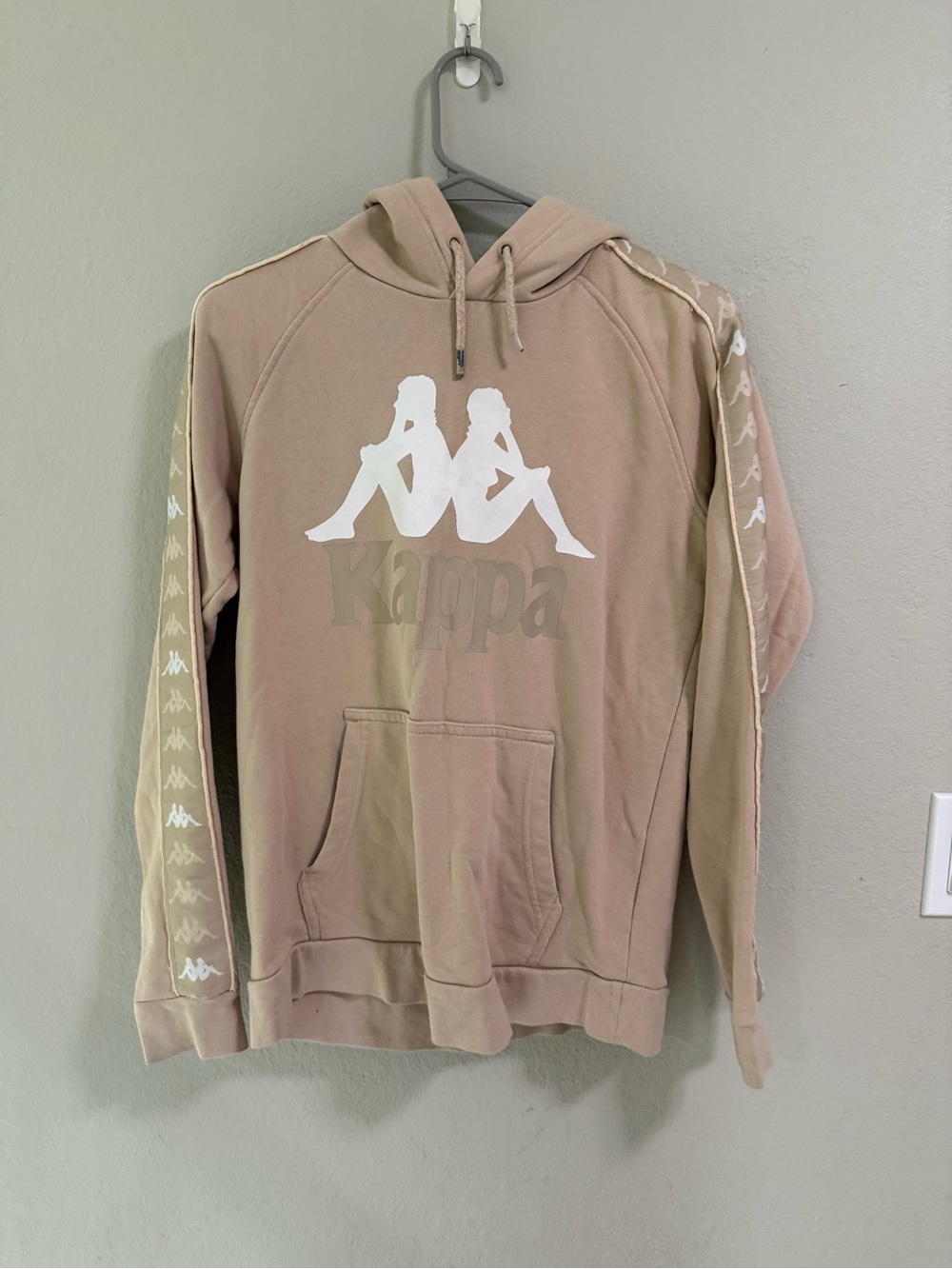 Kappa Beige Logo Hoodie Pullover Tape Sleeve Sweatshirt S